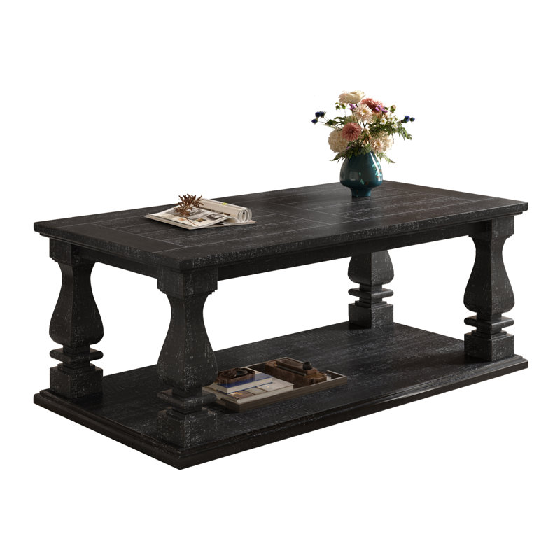 47" Black Farmhouse Coffee Table With Heavy Planked Top And Storage Shelf, Antique Black