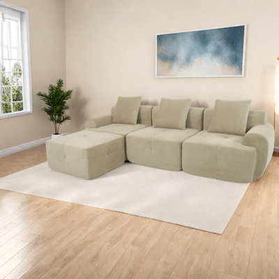 Spacious Taupe L-shaped Sofas, Pineapple Fabric For Modern Living Room