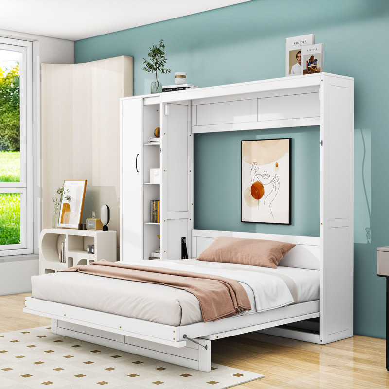 Lit escamotable en bois avec tablettes et garde-robe, Blanc, Grand