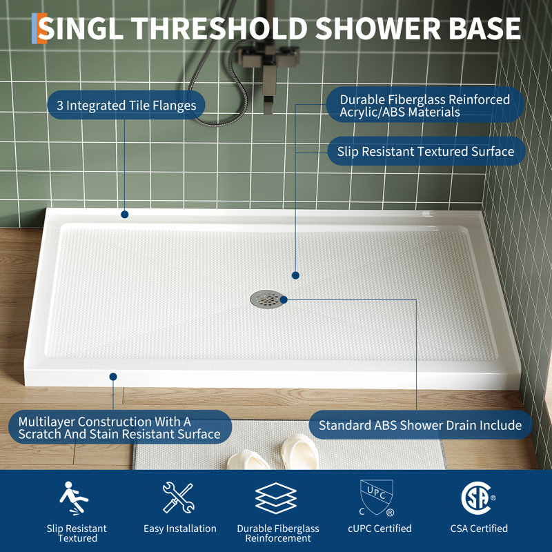 Bac de douche 60 po x 36 po à drain central - Base à seuil simple, surface texturée antidérapante, base de douche légère en ABS, installation facile (ensemble de bonde inclus, blanc)