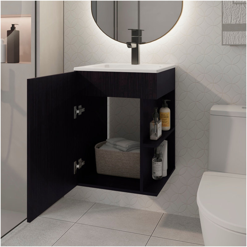 Meuble-lavabo H 23,7 po, 1 porte, 3 tablettes, wengé noir - Salle de bain, Noir