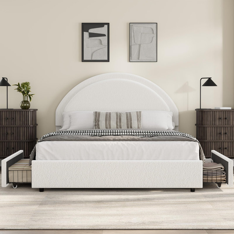 Base de lit tapissier avec 2 tiroirs de rangement Modern, Blanc, Grand lit