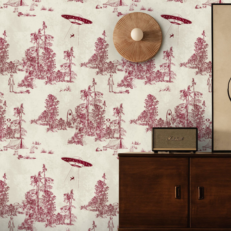Alien Abduction Toile de Jouy Wallpaper in Black, Red