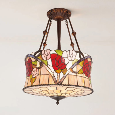 5-Light Tiffany-Style Stained Glass Rose Pendant Light, Brown Iron Frame Semi Flush Mount Lighting With Bulbs