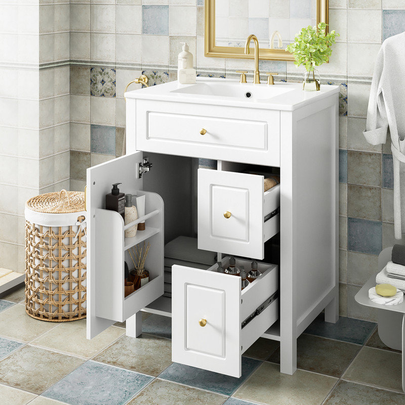 Meuble-lavabo de salle de bain avec lavabo en céramique - Porte à fermeture en douceur et tiroirs avec rangement de porte intégré