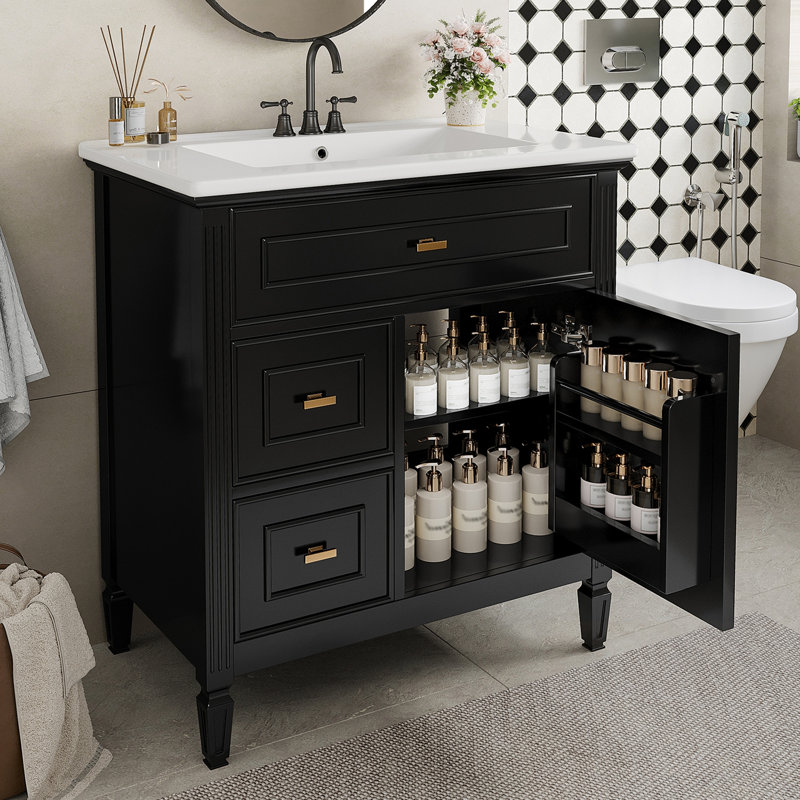 Meuble-lavabo de salle de bain avec lavabo, un tiroir rabattable, deux tiroirs et une tablette réglable, Noir
