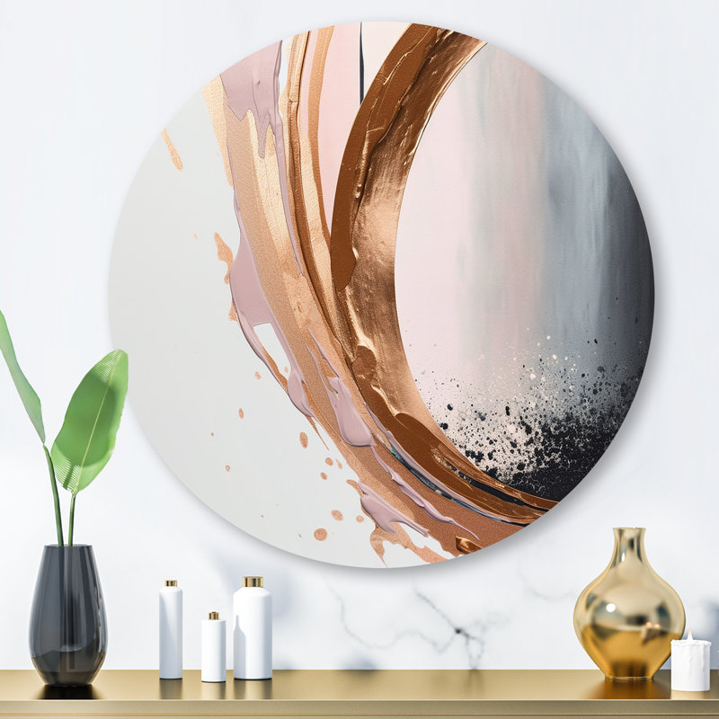 Art mural rond en métal avec demi-cercles roses Boho V - formes modernes abstraites, H 16 po x l 16 po x P 1 po