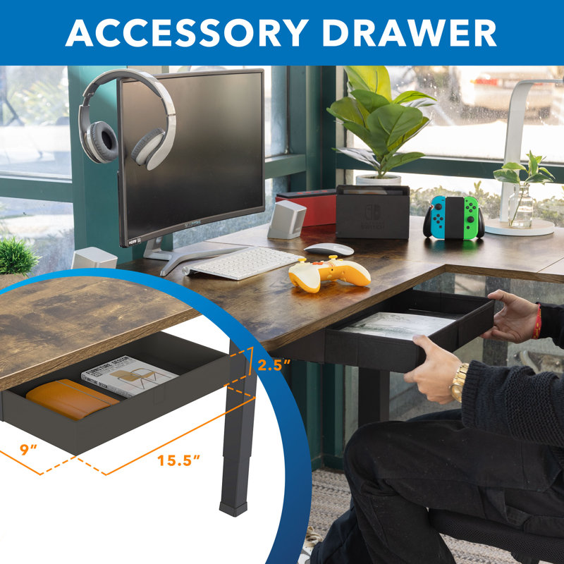 Rustic Brown L-Shaped Electric Adjustable Standing Desk with Drawer