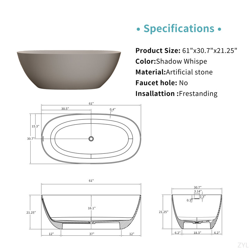 61'' Freestanding Bathtub Resin Stone Soaking Bathtub Solid Surface Modern Tubs With Overflow And Pop-Up Drain, Beige