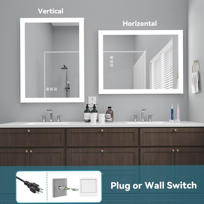Miroir lumineux pour salle de bain à DEL 36 po x 28 po, désembuage 5 minutes, réflexion Full HD, 3 couleurs à intensité variable, fixation murale