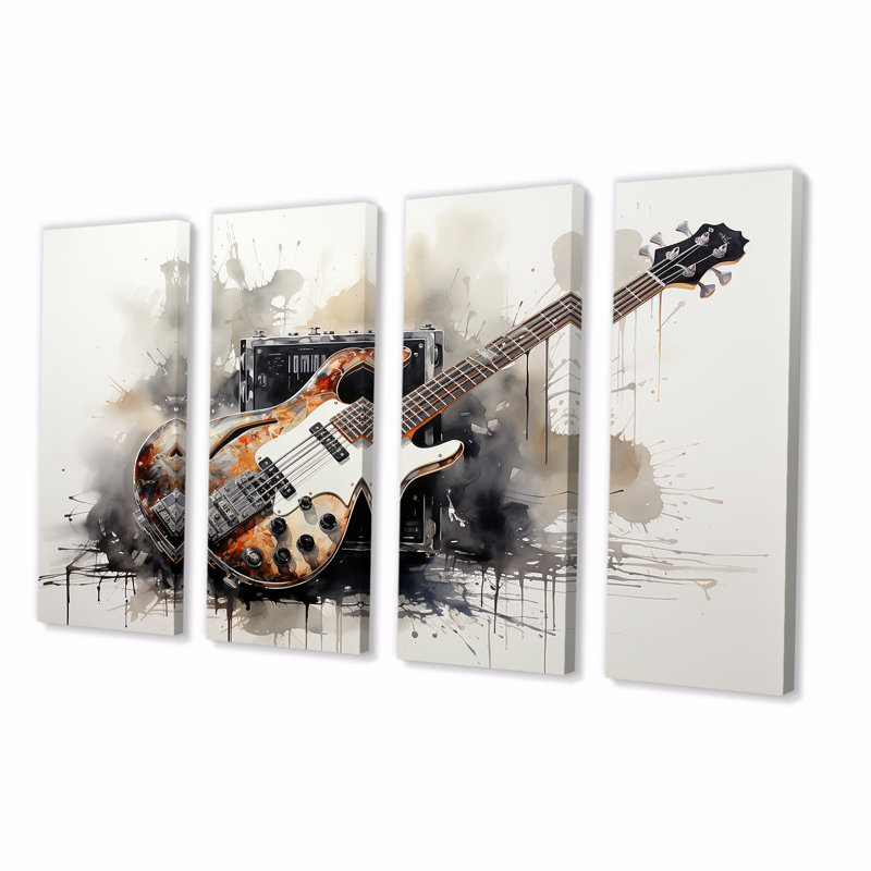 «Brown Charcoal Guitare», ensemble de 4 pièces d'art mural, H 28 po x l 48 po