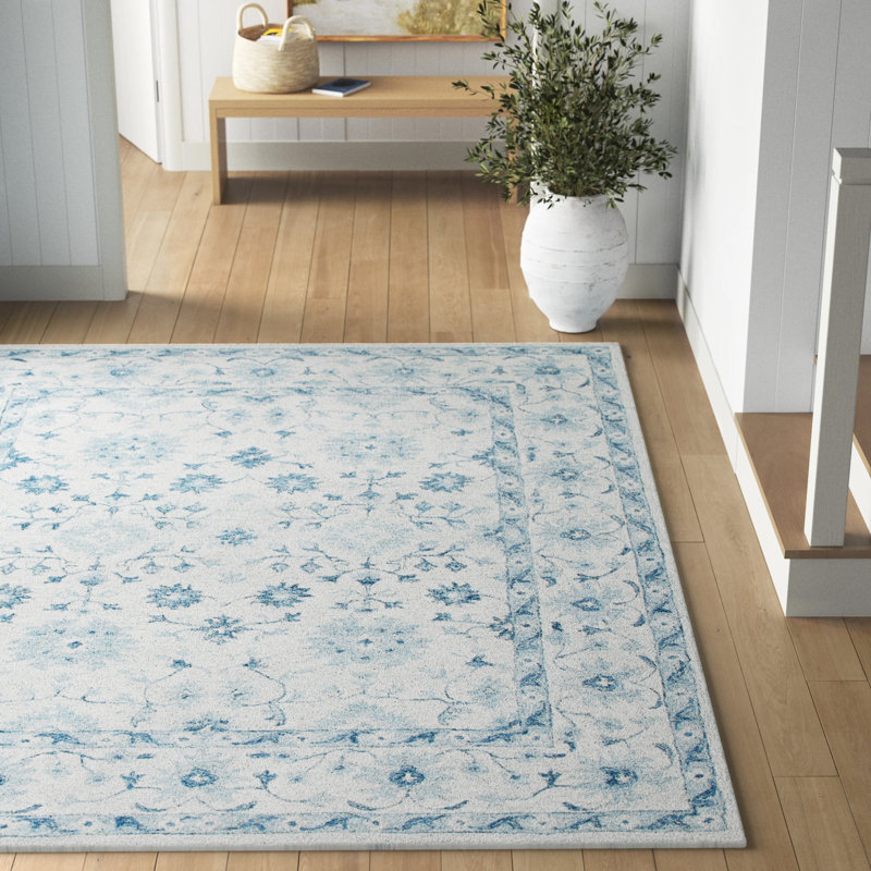 Lethe Oriental Handmade Tufted Wool Blue/Ivory Area Rug, Rectangle 8' x 10'