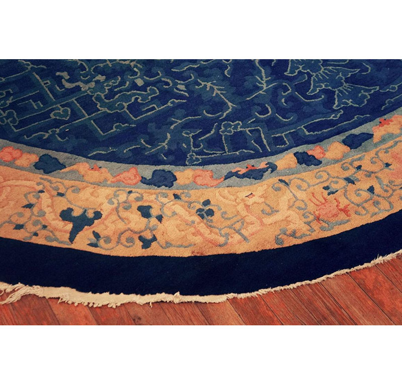 1920s Blue Dragon Cloud Band Antique Oval Chinese Peking Carpet 8'2" x 9'10" Rug