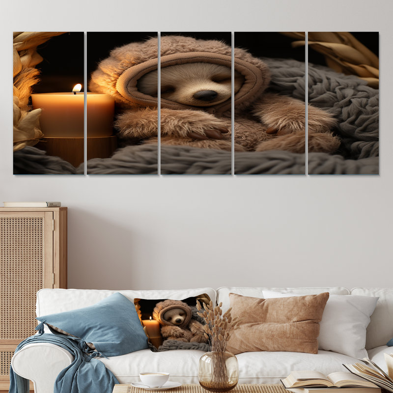 «Brown Sloth Serenity Sleep - paresseux», art mural 5 pièces pour le salon, H 28 po x l 60 po