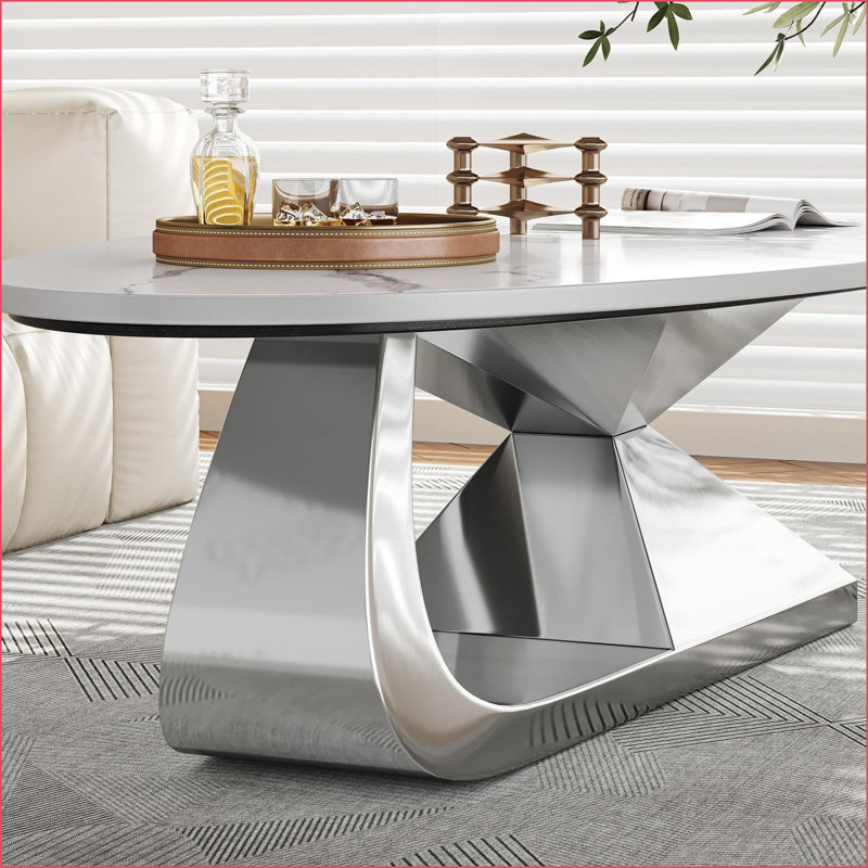 Table basse en pierre frittée moderne avec base en acier inoxydable, facile à nettoyer et amp; Durable pour le salon