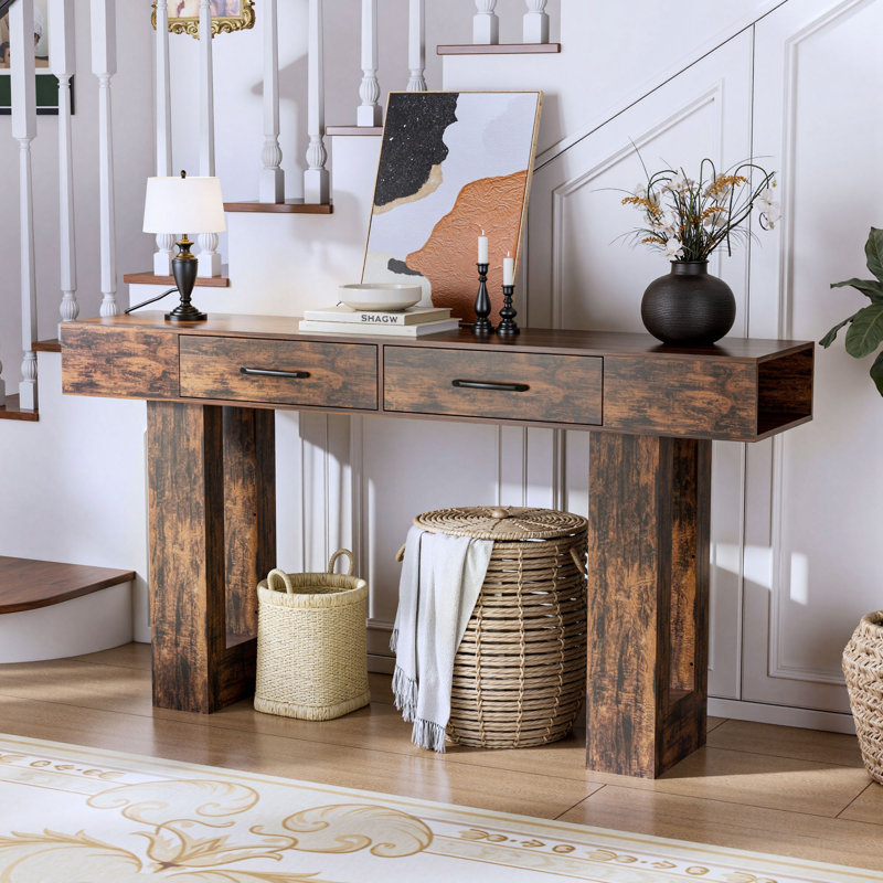 Console rectangulaire en bois de style campagnard de 63 po, derrière le canapé, Brun