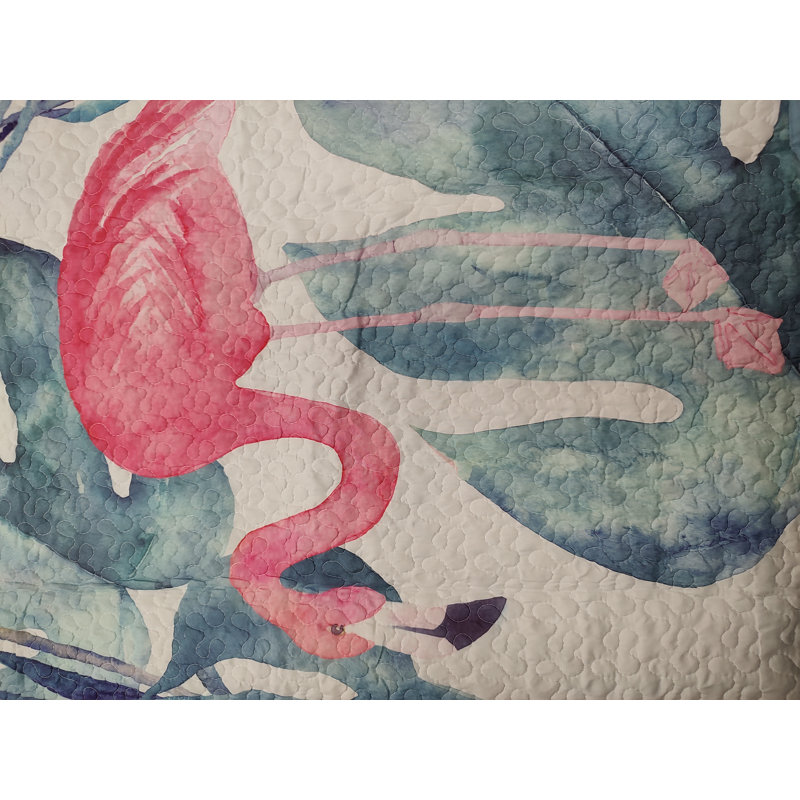 King Size Pink Flamingo and Aqua Palms Microfiber Quilt Set