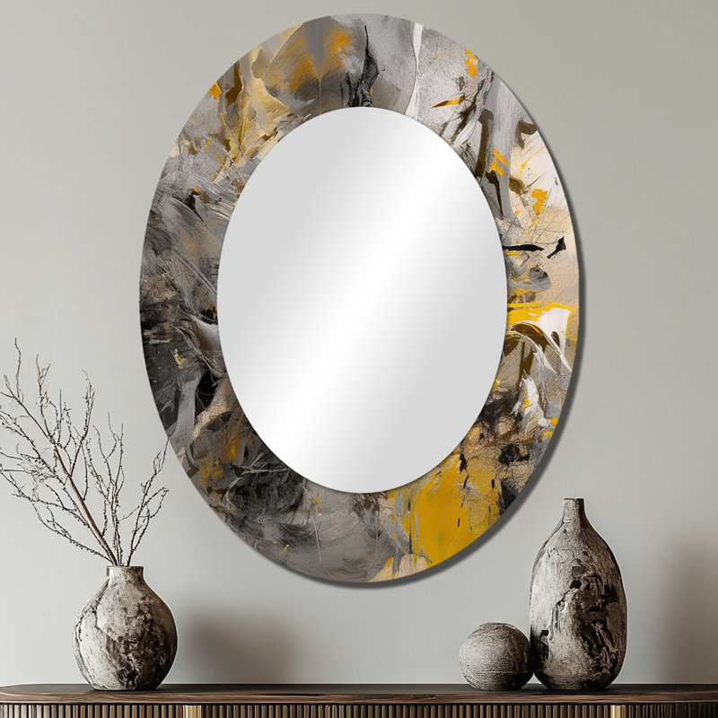 Mustard Yellow And Vivid Gray III - Large Oval Wall Mirror On Metal, 40" x 30"