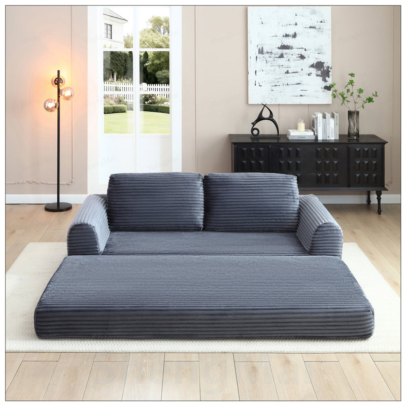 2-in-1 Folding Convertible Sofa Bed, Modern Corduroy Sleeper Couch with 2 Pillows, Futon Modular Upholstered Boneless Sofa with Pull-Out Bed for Living Room