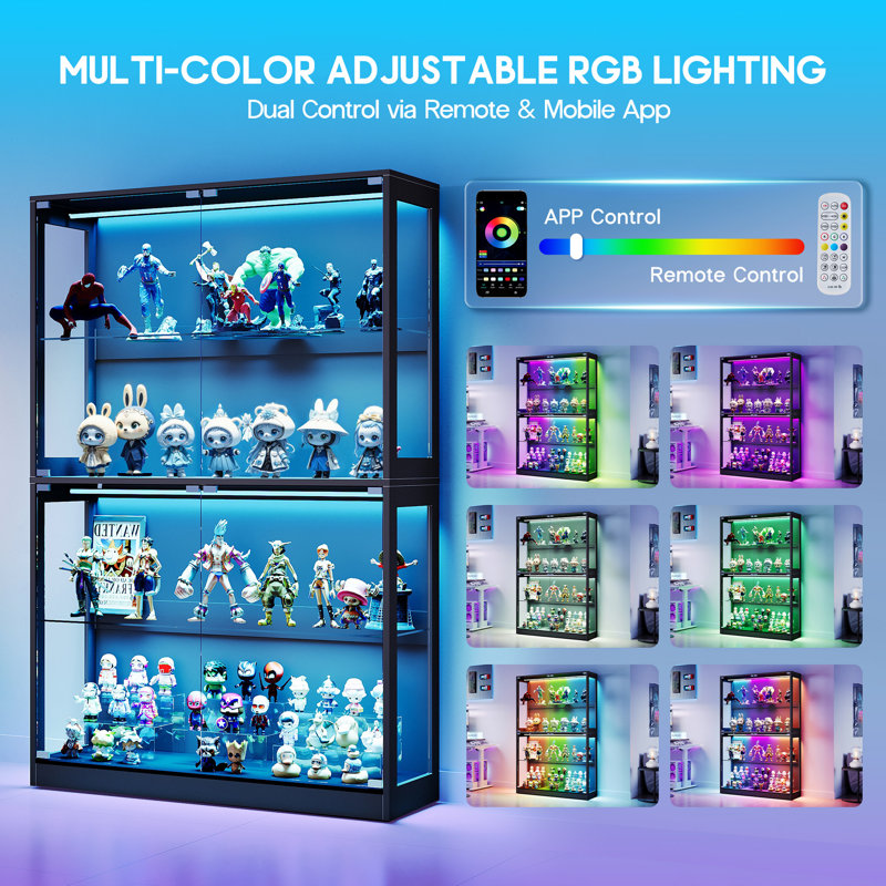 RGB Display Cabinet with Adjustable Glass Shelves, 4-Tier Storage Case with LED Lights & Press-to-Open Doors, Modern Display Shelf for Collectibles, Black 