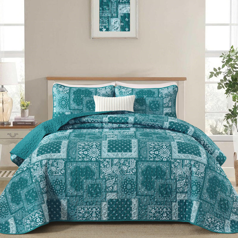 Ensemble de courtepointe 3 pièces à motif floral et motif cachemire Boho, Courtepointe pour très grand lit et 2 taies d'ore