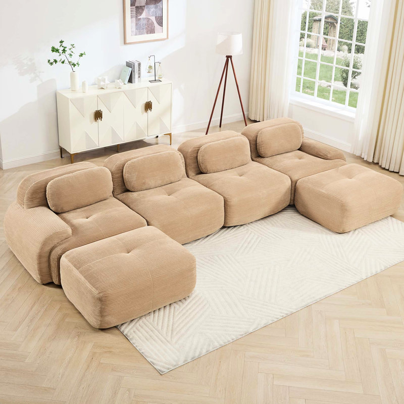 Canapé d'angle modulaire en forme de U avec revêtement en velours côtelé, multi-angles et repose-pieds incurvé, couleur camel, mousse haute densité 32D, respirant et réglable.