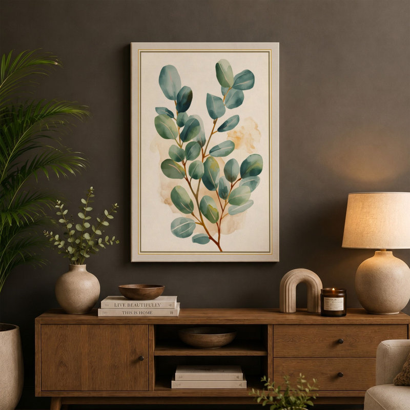 Single Stem in Green Botanical - Wrapped Canvas, 18x12 - 45.7 x 30.5 cm, Teal Border