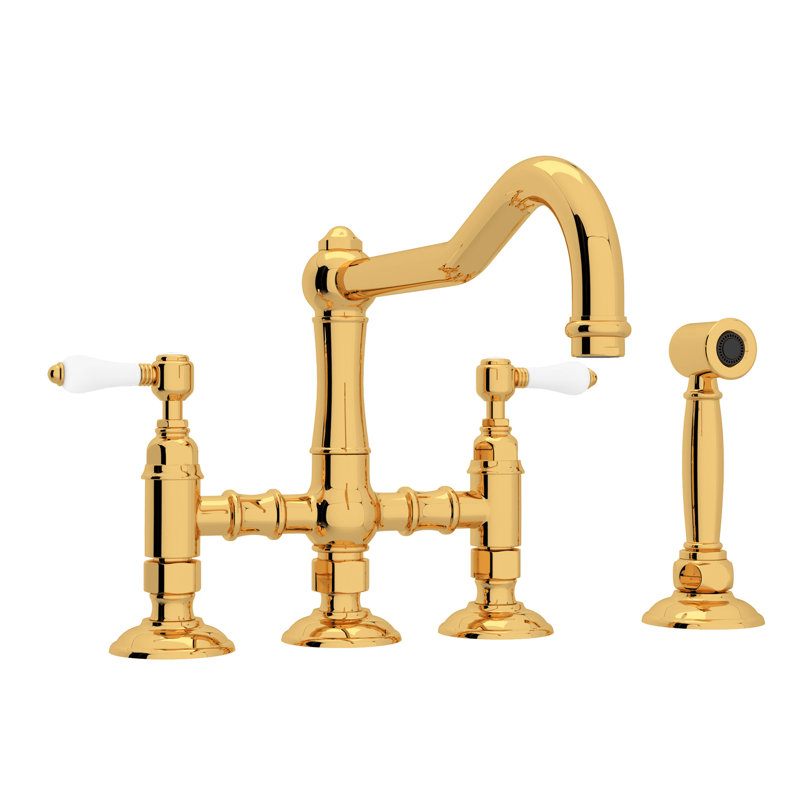 Acqui Bridge Kitchen Faucet With Side Spray, Itallian Brass, Porcelain Lever Handle