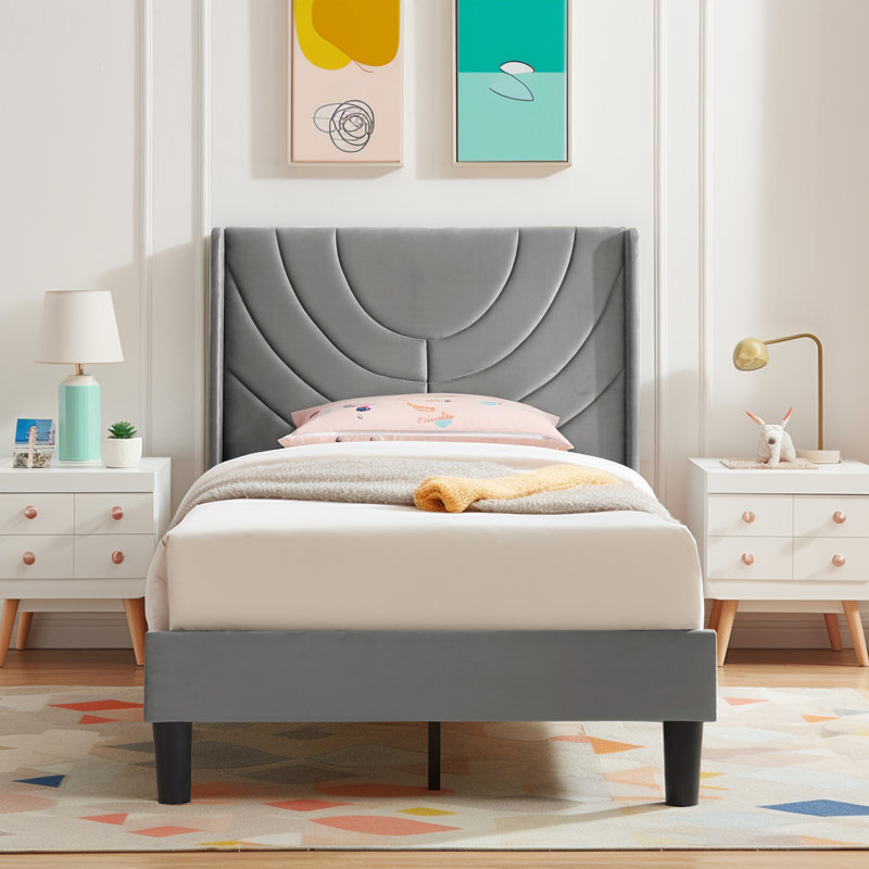 Twin Size Velvet Bed Frame with Wingback Headboard, Upholstered Platform Bed with Wing Side Channel Tufted Headboard, Solid Wooden Slats Support, No Box Spring Needed, Noise Free, Dark Grey