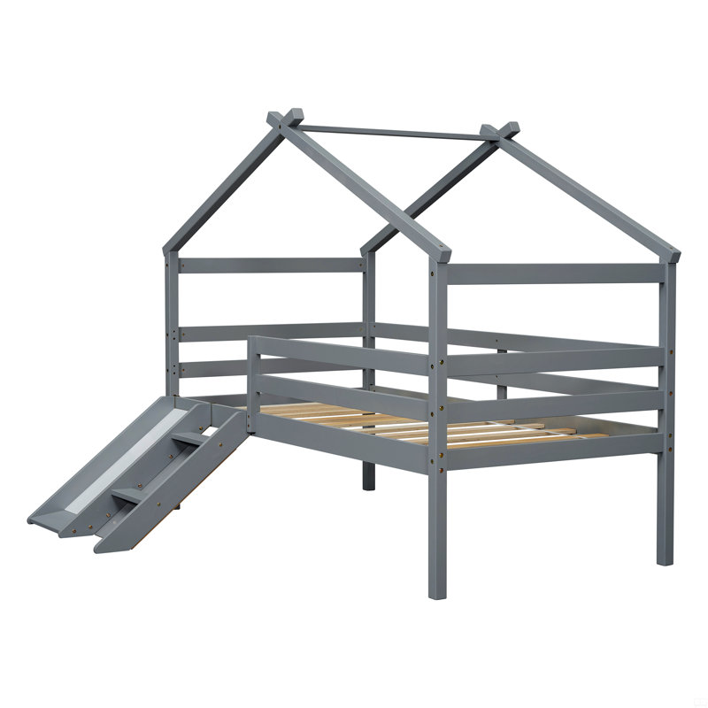 Lit simple mezzanine bas avec glissade, échelle, barrières de sécurité, Gris