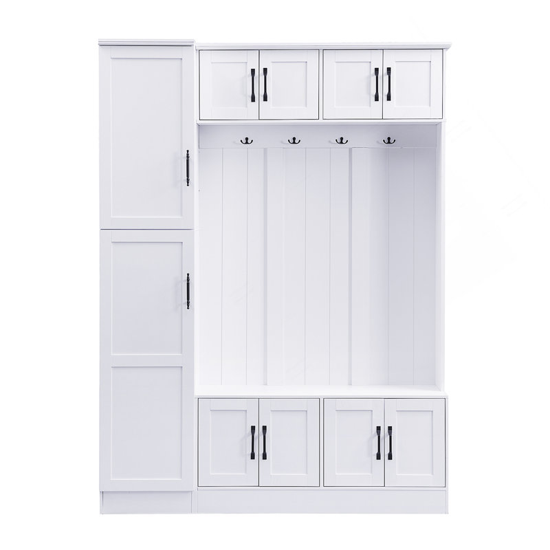 79 Inch Tall Modern Hall Tree with Shoe Storage, 4-in-1 Entryway Bench, 6 Cabinets, 4 Coat Hooks, and Adjustable Shelf