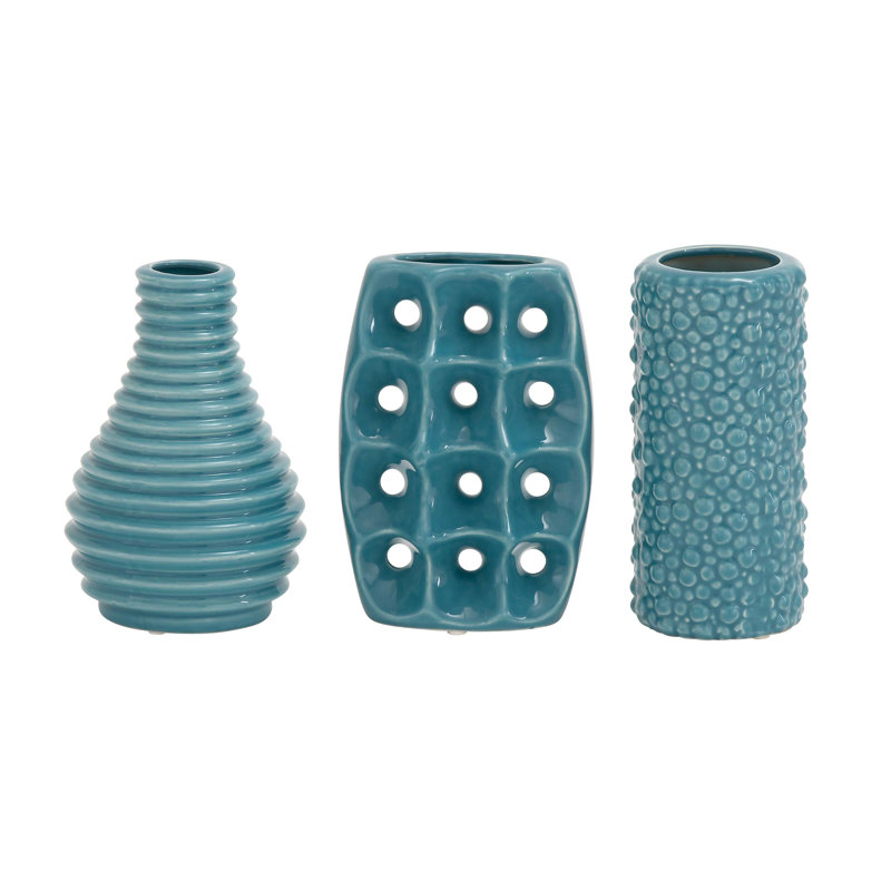 Modern Blue Ceramic Trio Vase Set with Textured Embellishments