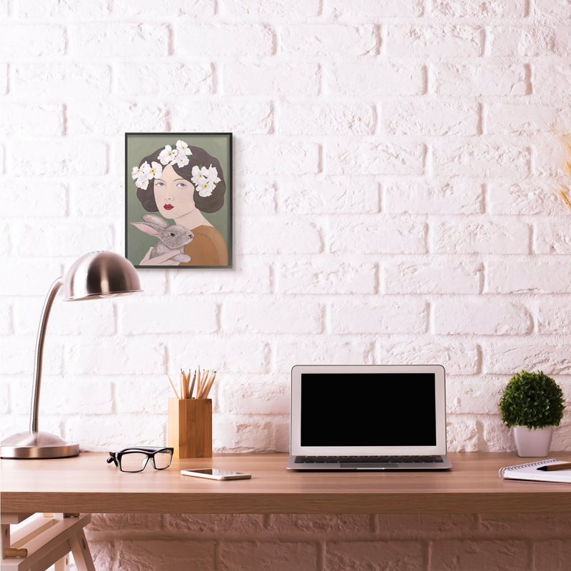 « femme et lapin blanc fleur animal » par catherine b-reproduction d’art, H 14 po x l 11 po x P 1,5 po