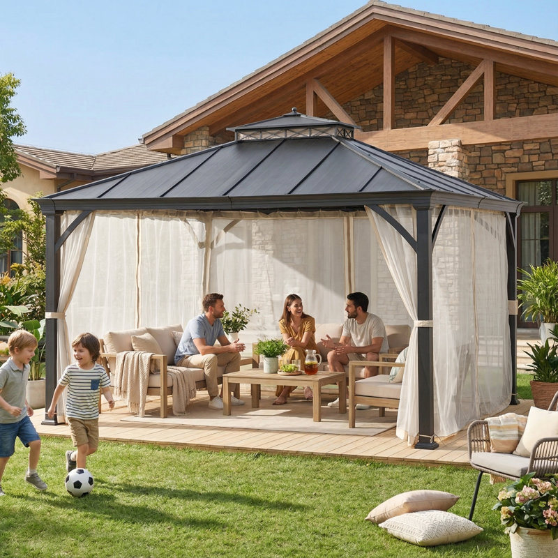 Sunjoy 11 x 13 ft. Outdoor Patio Black Steel Hardtop Gazebo with 2-Tier Metal Roof and Mesh Netting
