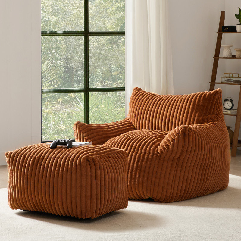 Bean Bag Chair with Ottoman , Comfy Memory Foam Large Lazy Sofa, Orange Corduroy