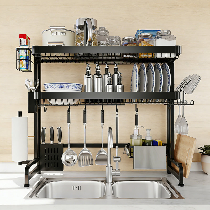 3 Tier Expandable Over Sink Dish Drying Rack Stainless Steel 25.5-37.4 Inch Silver, Black
