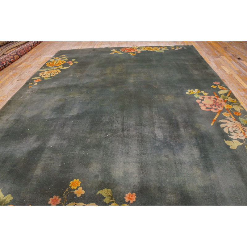 Antique Sea Foam Color Minimalist Floral Chinese Art Deco Area Rug