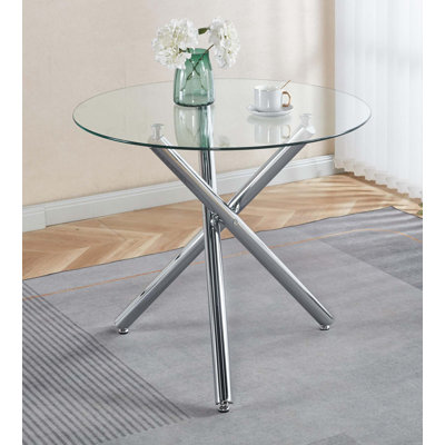 Round Dining Table With Oak Metal Leg And Tempered Glass,Modern Space Saving Kitchen Table