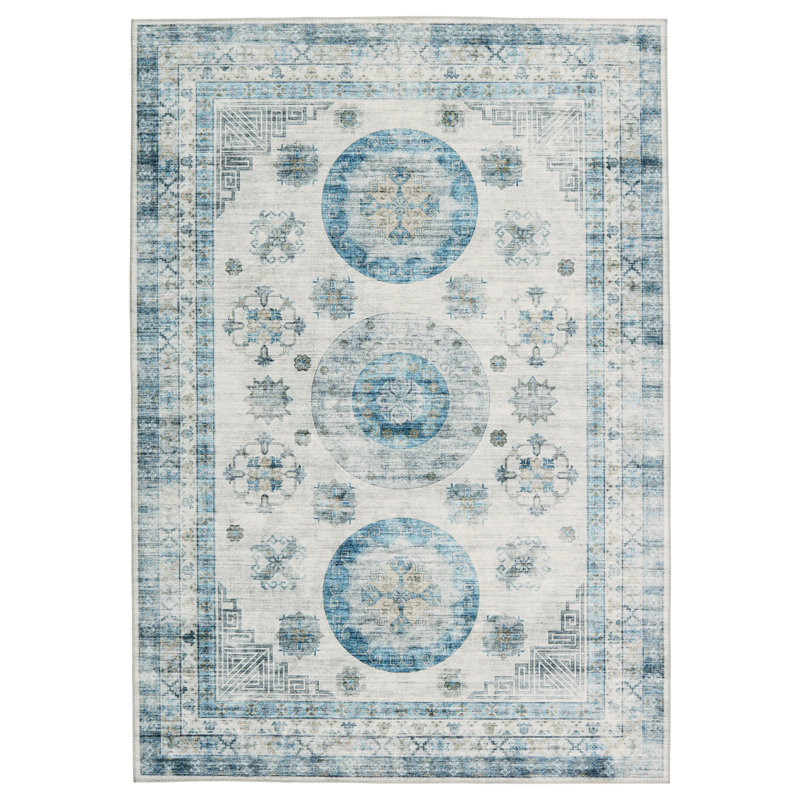 Machine Washable Performance Turquoise/Beige Rug, Rectangle 5'3" x 7'6"