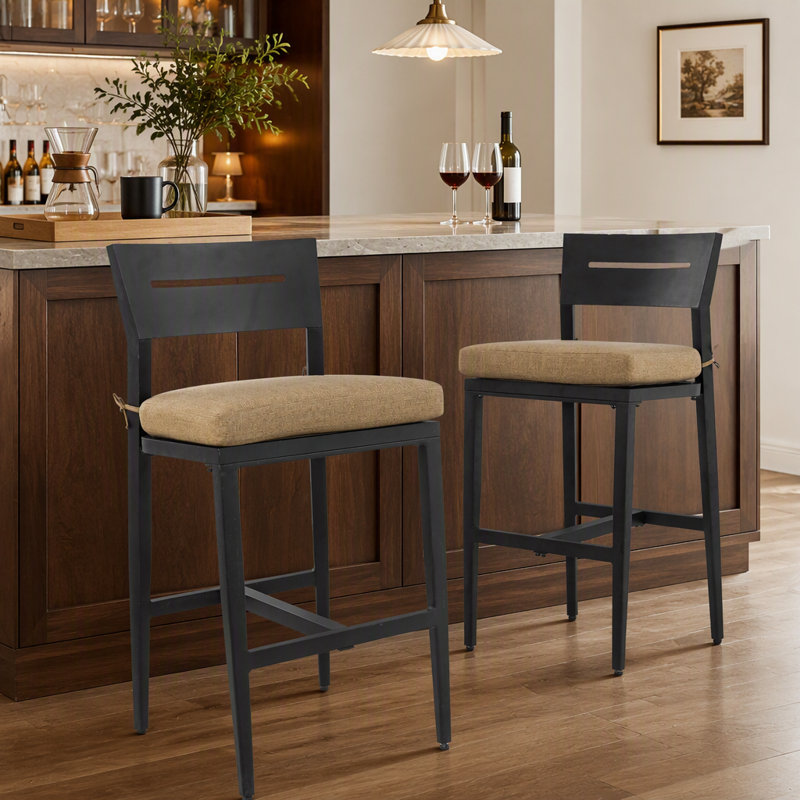 Tabourets de bar d'extérieur 2 pièces, chaise de patio en aluminium avec coussin pour jardin et îlot de cuisine, Lin sésame