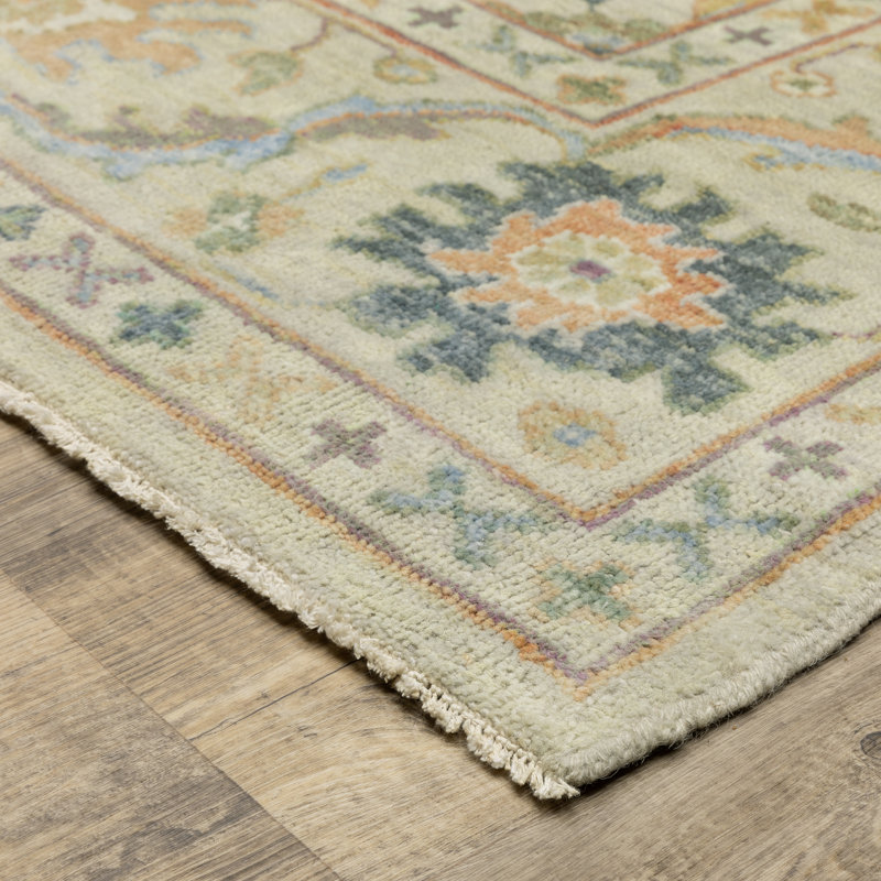 Tapis beige / vert en laine noué à la main Presley, Rectangle 2 pi x 3 pi