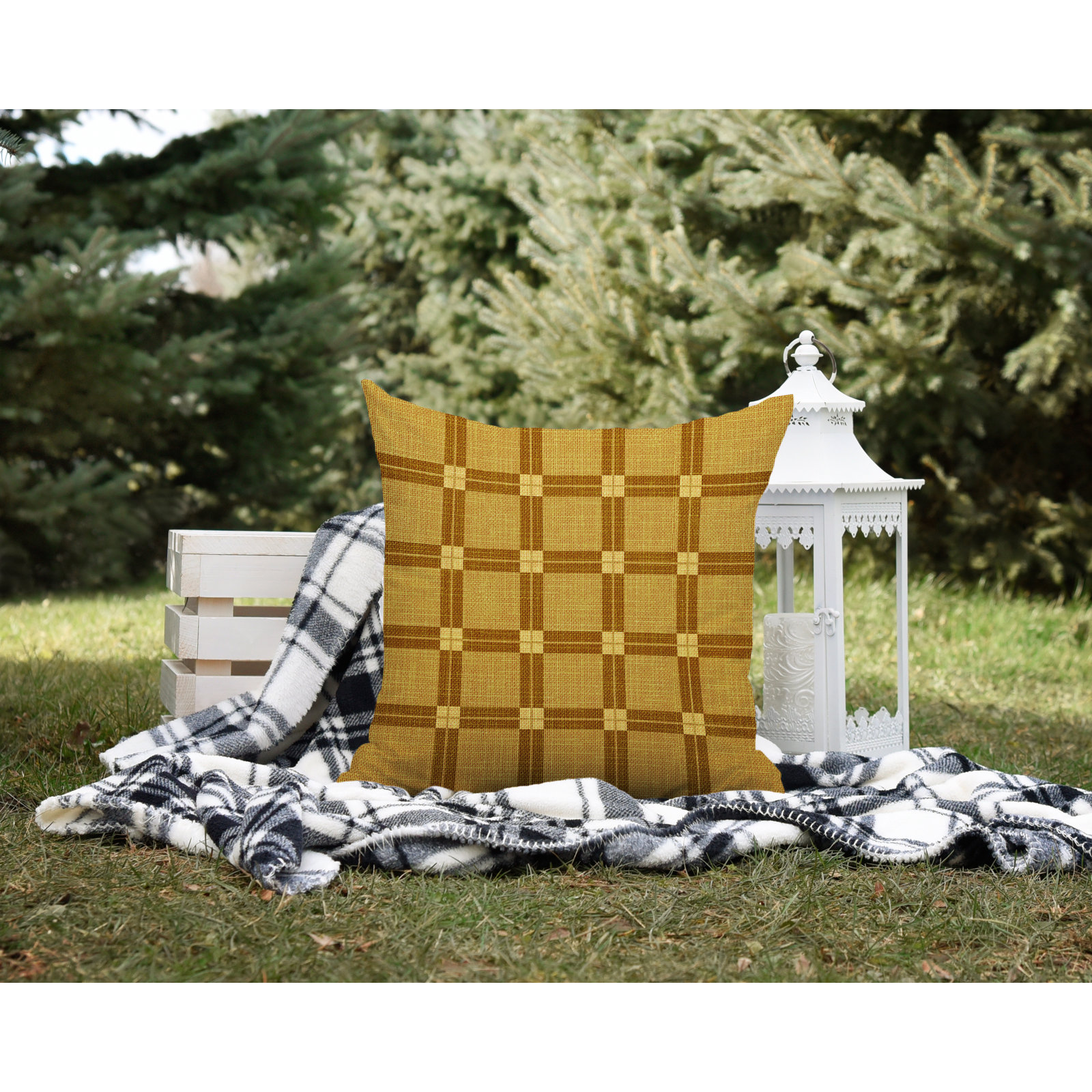 Plaid Indoor/Outdoor Throw Pillow, 15" W x 15" H, Gold
