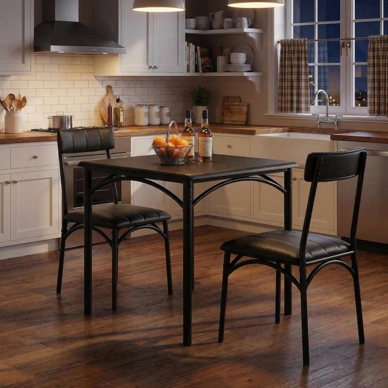 Industrial Dining Set for 2, Compact Table & 2 PU Upholstered Chairs, Space-Saving for Small Spaces, Black
