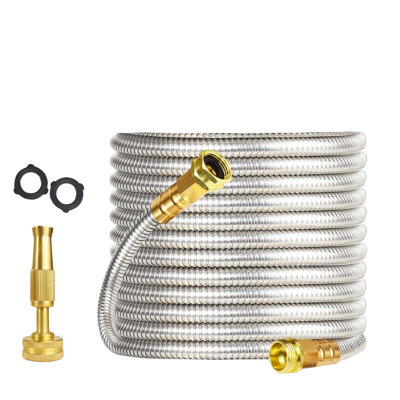 25 FT/50 FT/75FT/100 FT Stainless Steel Garden Hose, Heavy-Duty Water Hose with Adjustable Brass Nozzle & No-Kink Leak-Resistant Design for Lawn, Yard Watering, RV & Car Washing
