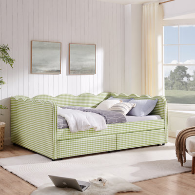 Grand lit de jour en vichy confortable avec deux tiroirs de rangement, port USB et adorable tissu en forme de vague