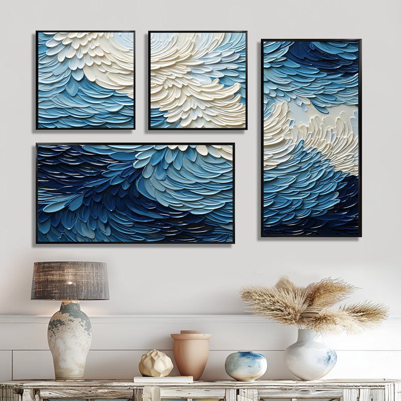 Vagues modernes bleues et blanches de la côte III - impressions sur toile 4 pièces, Impression encadrée sans passe-partout