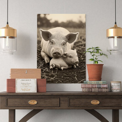 Canvas Wall Art Mom & Baby Pig, Cute Animal Family Wall Art-2 Vintage Poster Print Home Decor