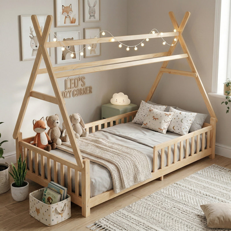 Twin Size Kids House Bed With Roof & Guardrails, Low Floor Montessori Bed Frame With Fence & Decorative Light, Wood Platform Bed (Natural)