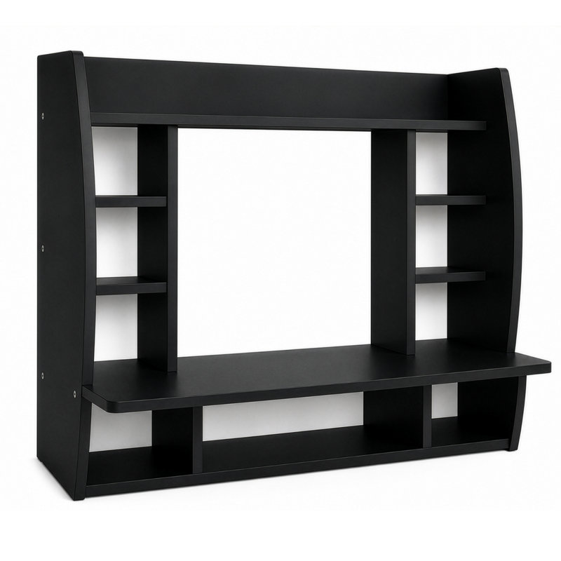 Bureau flottant mural noir pour ordinateur portable avec tablettes de rangement, poste de travail d'ordinateur pour économiser l'espace