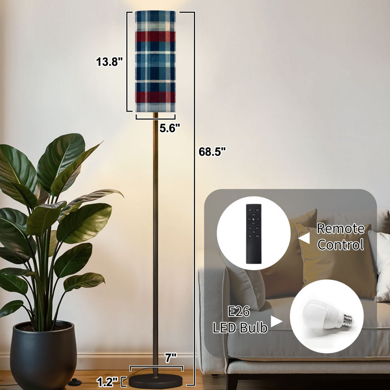 Lampe sur pied à carreaux bleu rouge et blanc à motif géométrique sans couture de style minimaliste moderne avec lampe à pédale avec télécommande et interrupteur au pied